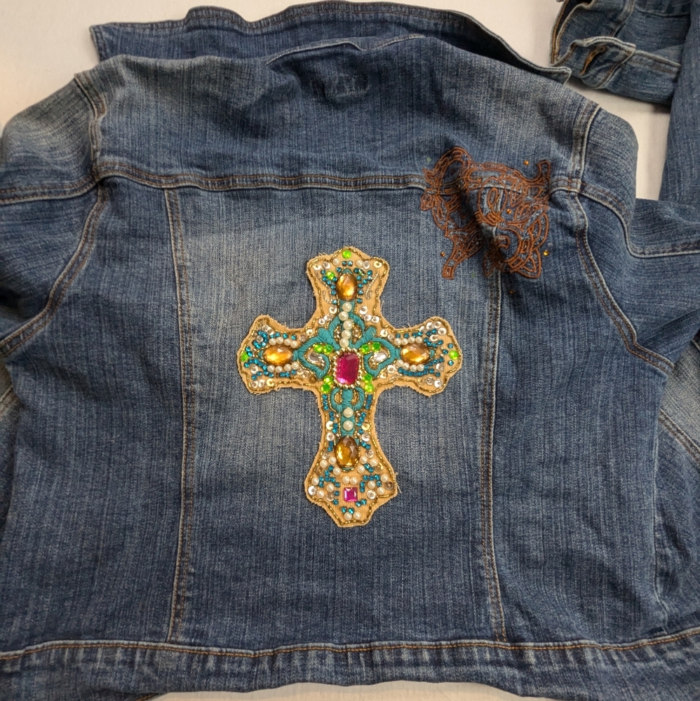 Funky Cool Original Repurposed Blue Jean Jacket With Bling Cross on Back 2X